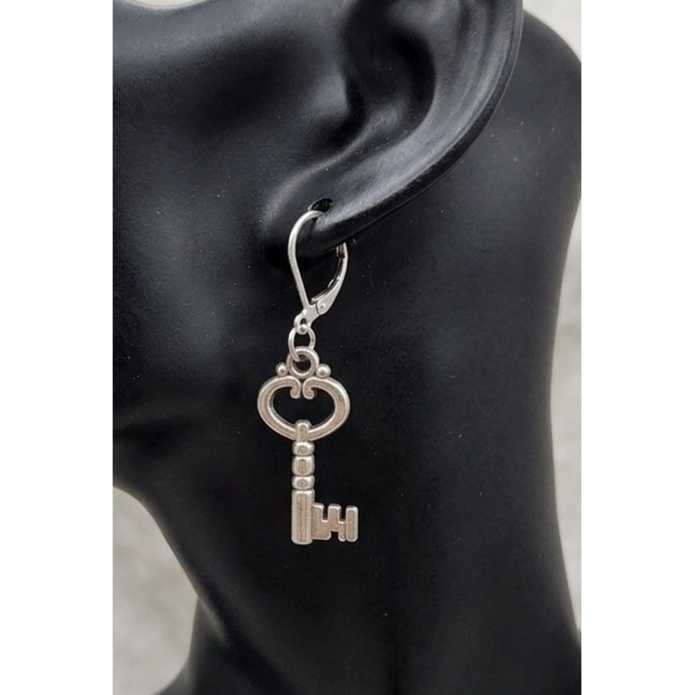 Handmade Earrings Silver Tone Whimsical Heart Lock and Key Hypoallergenic - Picture 3 of 7